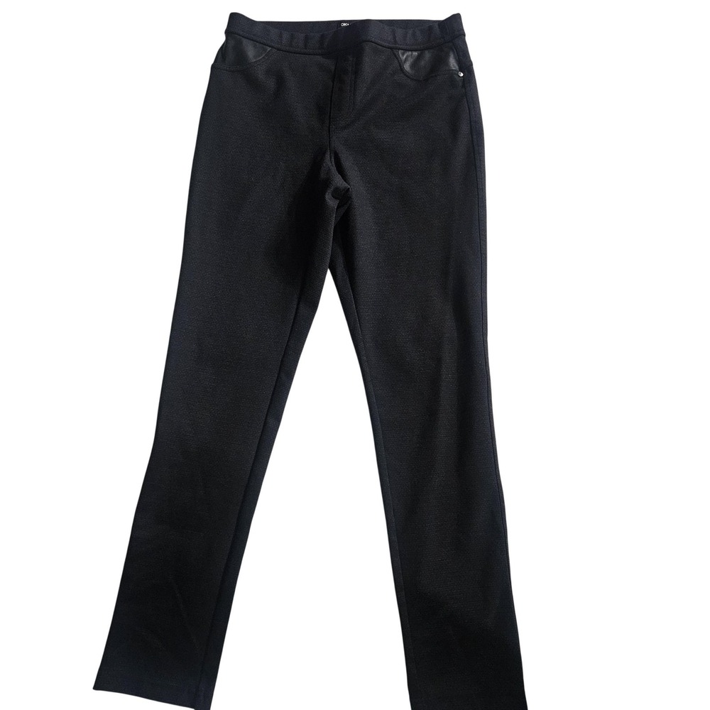 DKNY JEANS‎ Pants Womens Medium Black Knit Slim Faux Leather Trim Pockets Casual